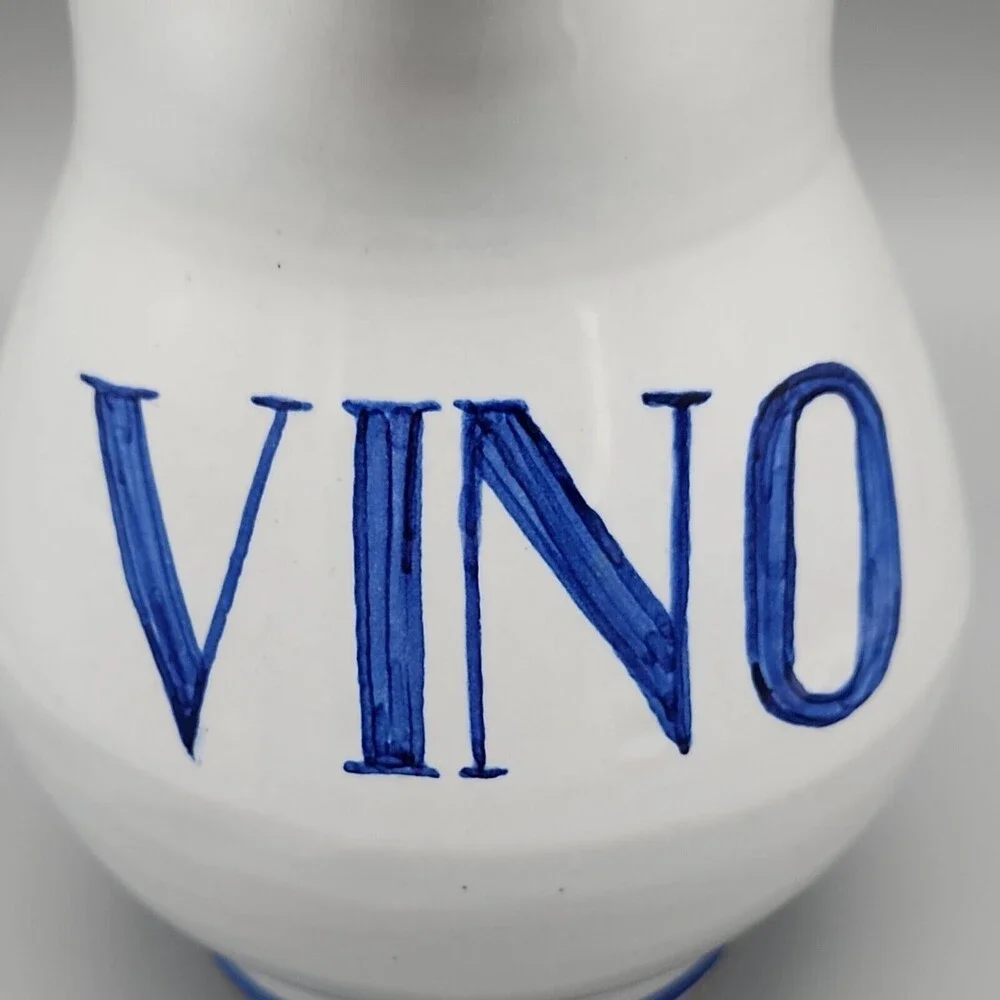 Talavera Spain Vino Pitcher Jug Hand Painted Pottery White Cobalt Blue Marked